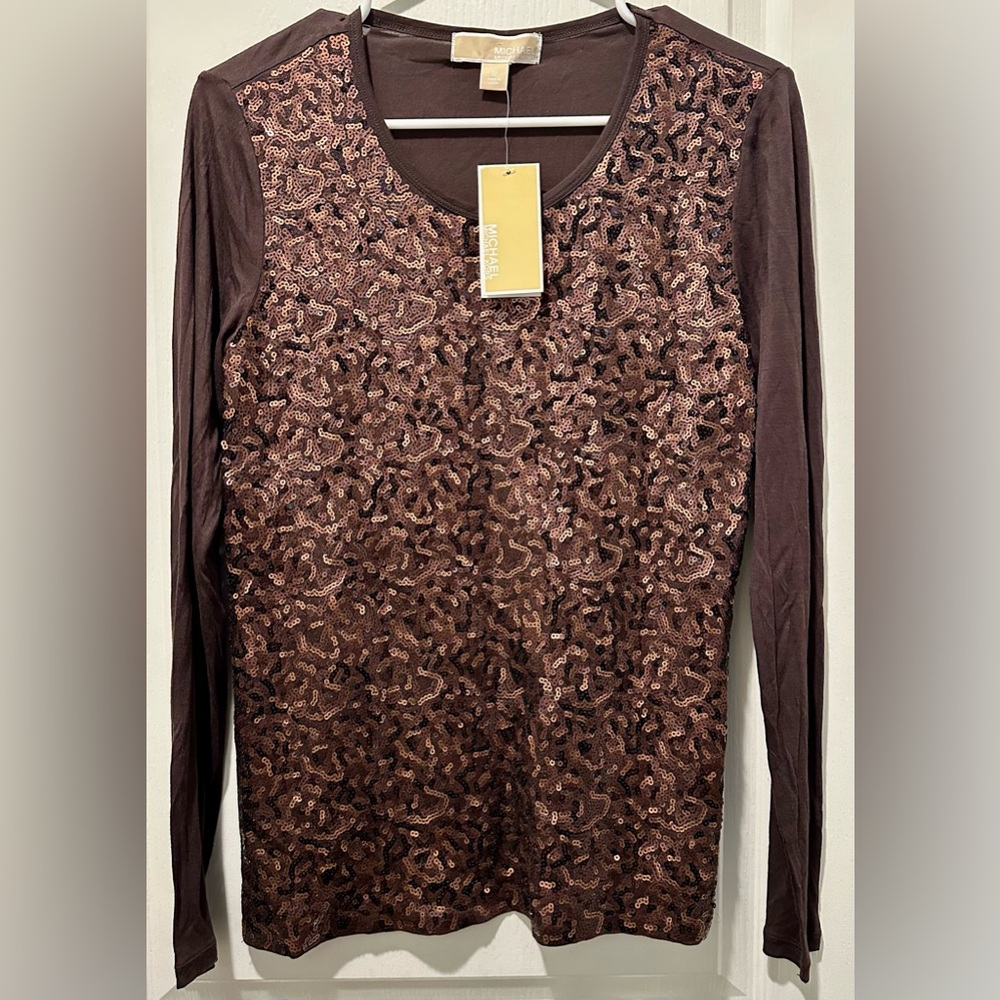 NWT Michael Michael Kors Long Sleeve Jersey Top w Sequin Front.